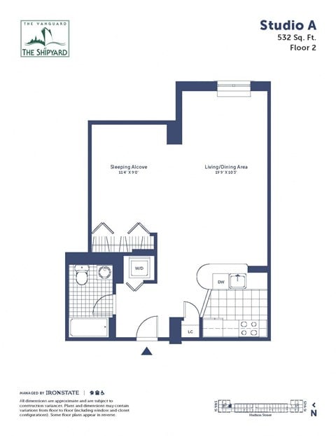 Floor plan for studio, 1 bath, 532 sqft
